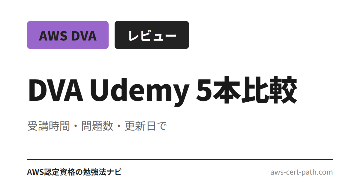AWS DVA（DVA-C02）対応 Udemy 講座 5 本を、受講時間・問題数・最終更新日で比較。総合型・模試型・短期集中・演習量最大化の 4 パターンから開発者に合う組み合わせを提示します。